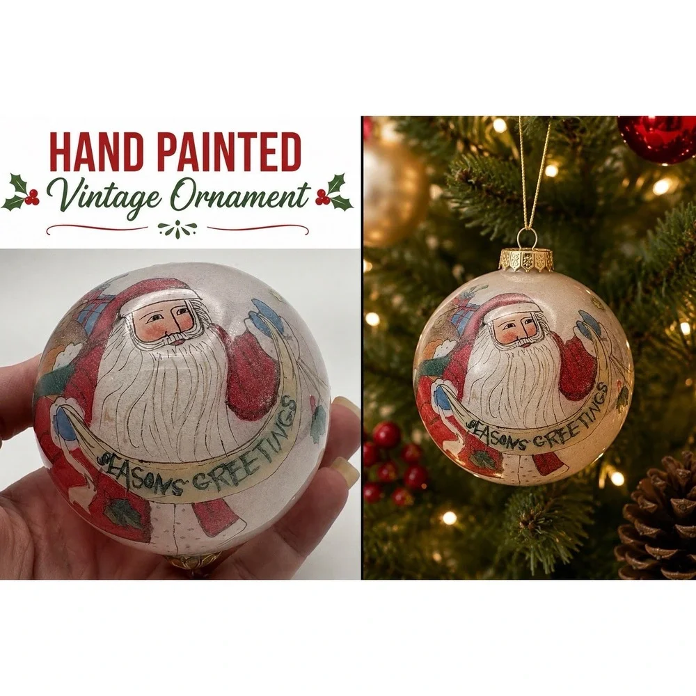 Vintage Reverse Inside Hand Painted Folk Art Santa Glass Ornament Ball 80-90's